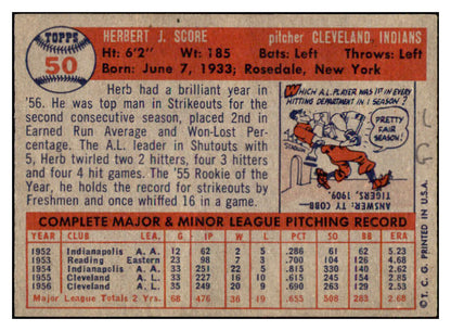 1957 Topps Baseball #050 Herb Score Indians EX 523800