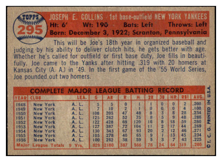 1957 Topps Baseball #295 Joe Collins Yankees EX-MT 523861
