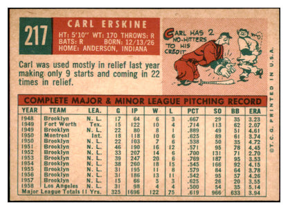 1959 Topps Baseball #217 Carl Erskine Dodgers EX-MT 524299