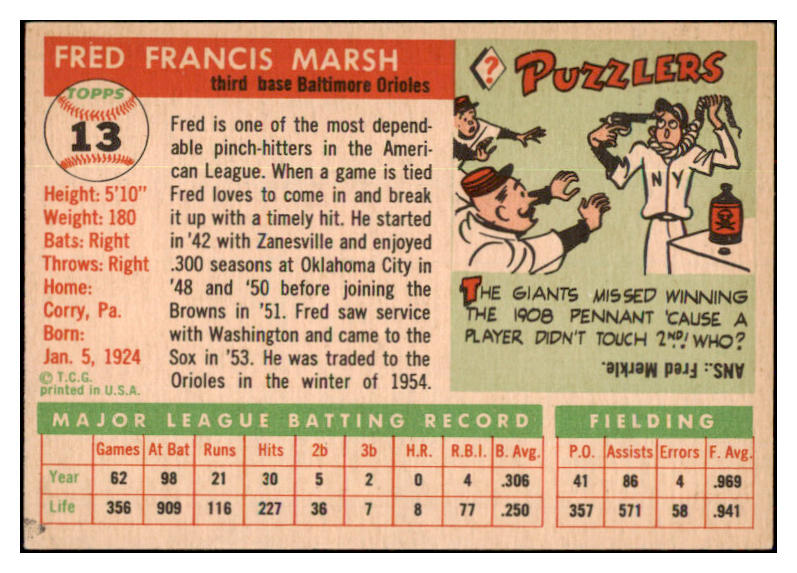 1955 Topps Baseball #013 Fred Marsh Orioles NR-MT 524614