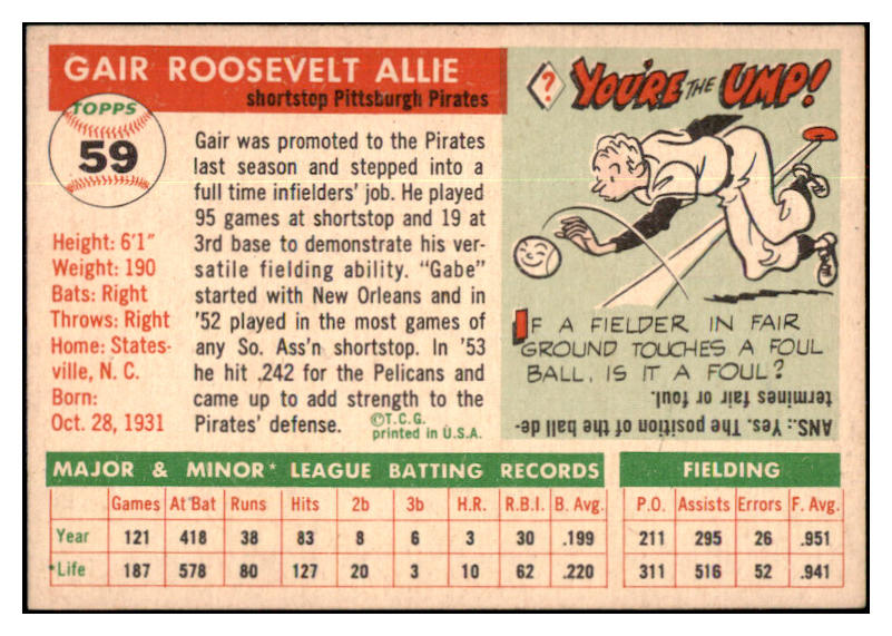 1955 Topps Baseball #059 Gair Allie Pirates NR-MT 524636