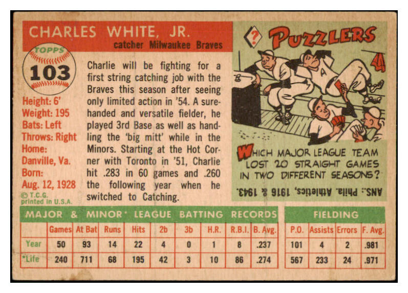1955 Topps Baseball #103 Charlie White Braves NR-MT 524665