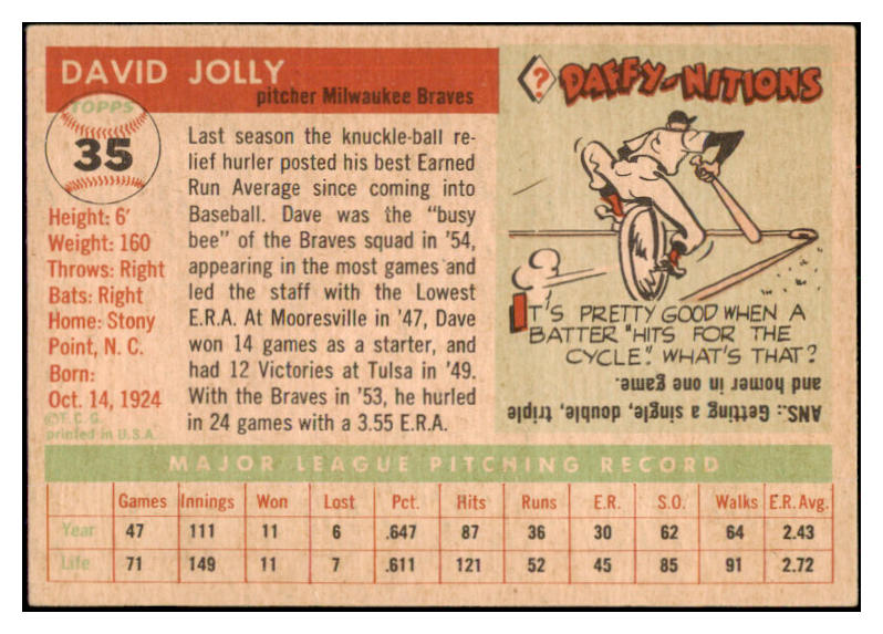 1955 Topps Baseball #035 Dave Jolly Braves EX-MT 524740