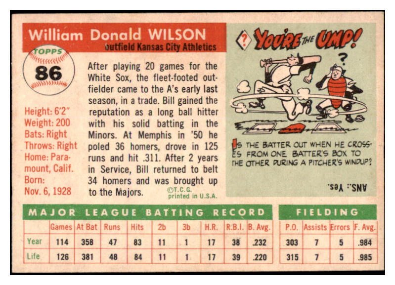 1955 Topps Baseball #086 Bill Wilson A's EX-MT 524755