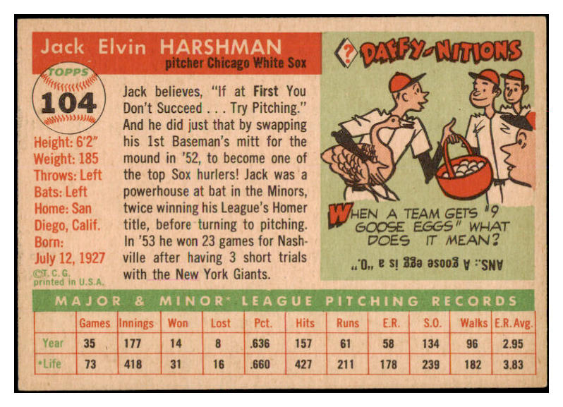 1955 Topps Baseball #104 Jack Harshman White Sox EX-MT 524759