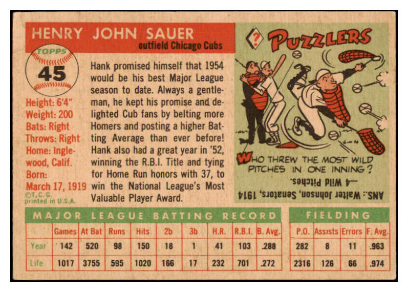 1955 Topps Baseball #045 Hank Sauer Cubs VG-EX 524778