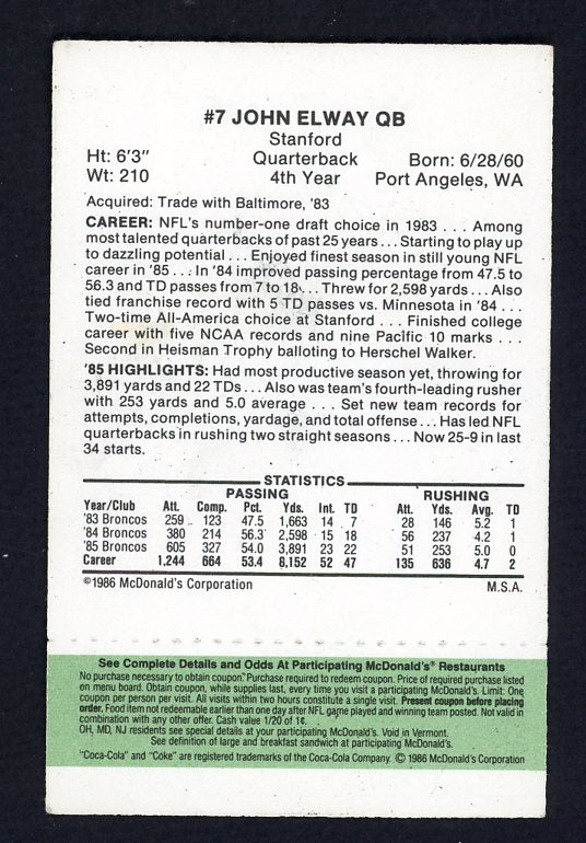 1986 McDonalds #007 John Elway Broncos EX-MT 524818