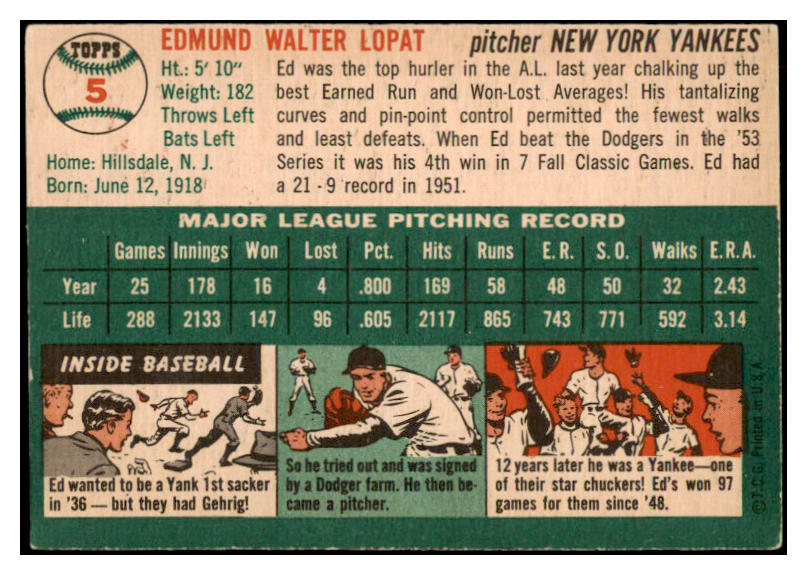 1954 Topps Baseball #005 Eddie Lopat Yankees EX 524841