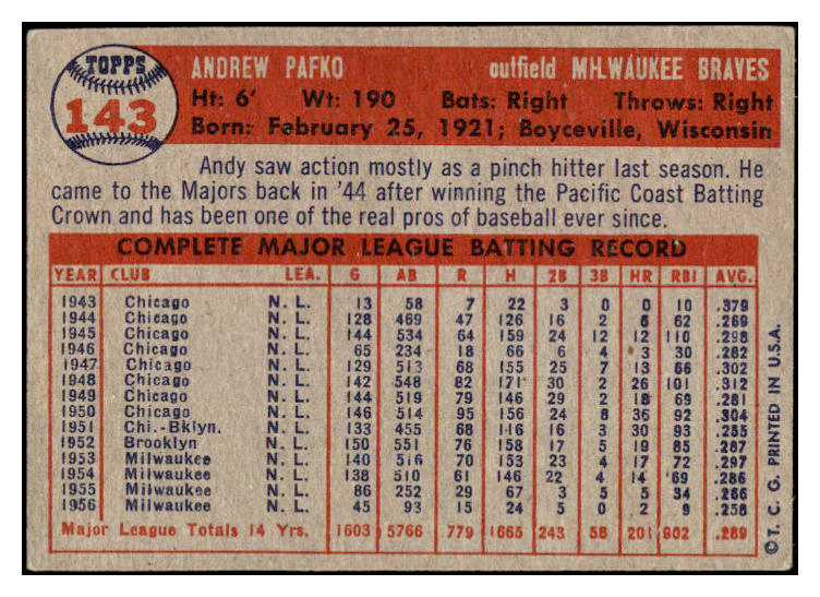 1957 Topps Baseball #143 Andy Pafko Braves VG-EX 524954