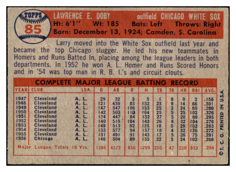 1957 Topps Baseball #085 Larry Doby White Sox VG-EX 524958