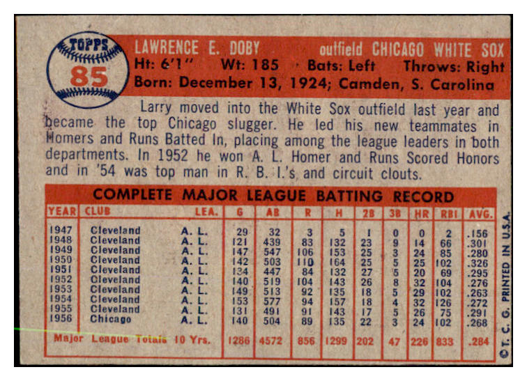 1957 Topps Baseball #085 Larry Doby White Sox VG-EX 525005