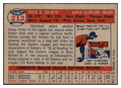 1957 Topps Baseball #212 Rocky Colavito Indians VG-EX 525008