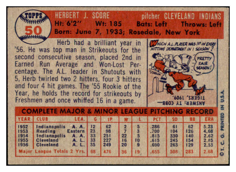 1957 Topps Baseball #050 Herb Score Indians EX 525011