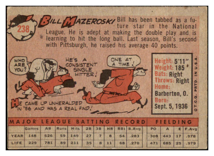 1958 Topps Baseball #238 Bill Mazeroski Pirates VG-EX 525048