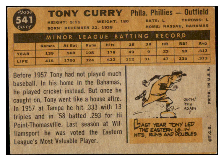 1960 Topps Baseball #541 Tony Curry Phillies EX 525107