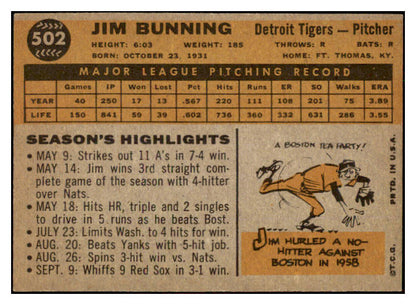 1960 Topps Baseball #502 Jim Bunning Tigers EX 525119