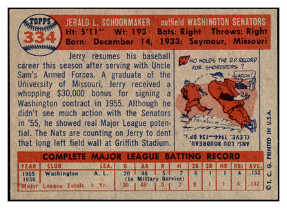 1957 Topps Baseball #334 Jerry Schoonmaker Senators EX-MT 525306