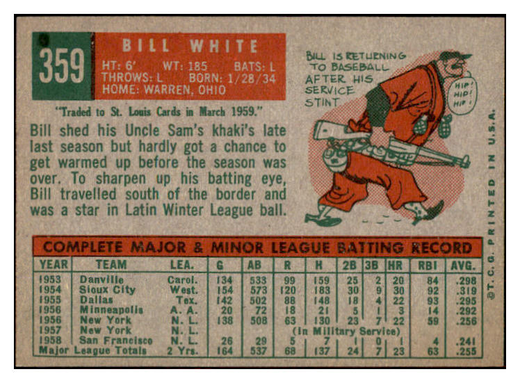 1959 Topps Baseball #359 Bill White Giants EX-MT 525364
