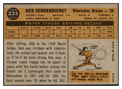 1960 Topps Baseball #335 Red Schoendienst Braves EX-MT 525429
