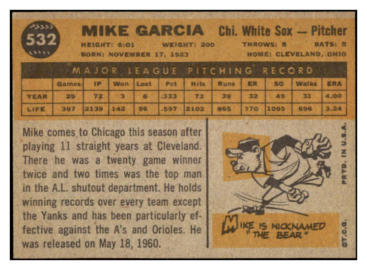 1960 Topps Baseball #532 Mike Garcia White Sox EX-MT 525454