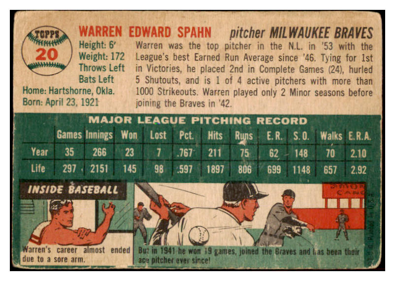 1954 Topps Baseball #020 Warren Spahn Braves GD-VG 525537