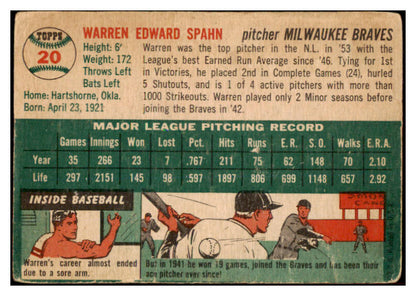 1954 Topps Baseball #020 Warren Spahn Braves GD-VG 525537