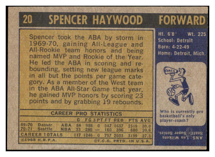1971 Topps Basketball #020 Spencer Haywood Sonics VG-EX 525590