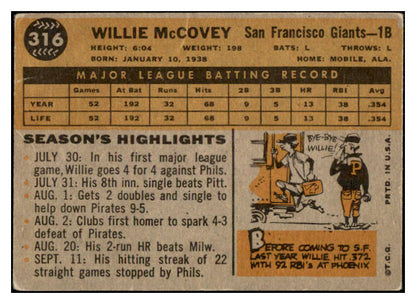 1960 Topps Baseball #316 Willie McCovey Giants Good 525595