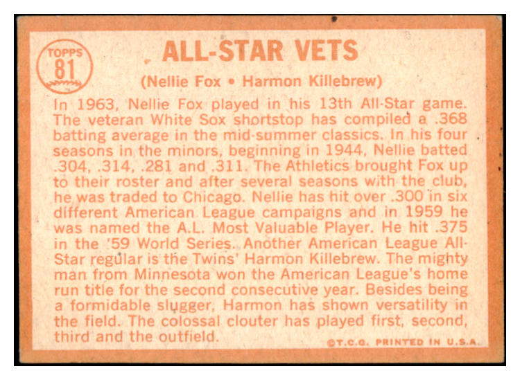 1964 Topps Baseball #081 Harmon Killebrew Nellie Fox VG-EX 525618
