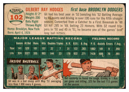 1954 Topps Baseball #102 Gil Hodges Dodgers Good 525635