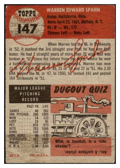 1953 Topps Baseball #147 Warren Spahn Braves VG-EX 525641