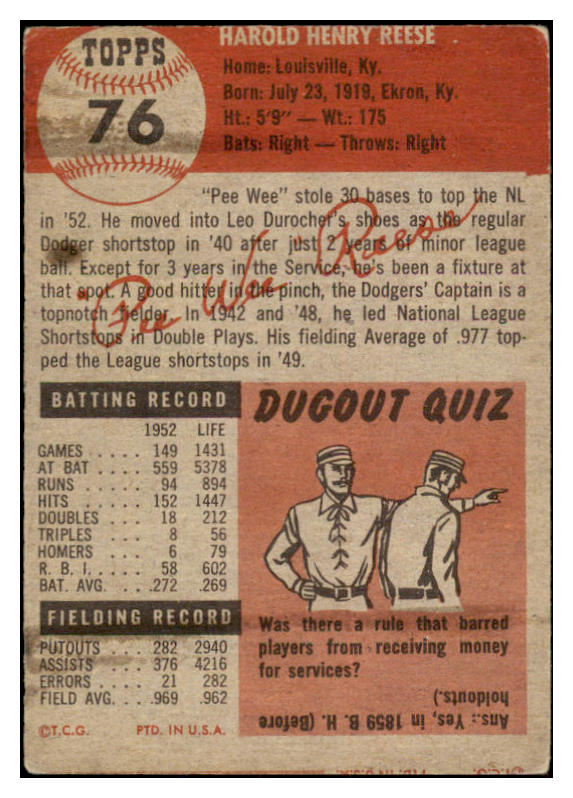 1953 Topps Baseball #076 Pee Wee Reese Dodgers VG-EX 525644