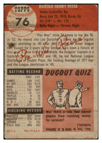 1953 Topps Baseball #076 Pee Wee Reese Dodgers VG-EX 525644