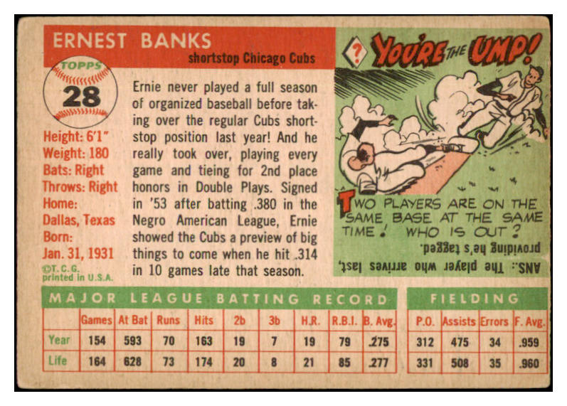 1955 Topps Baseball #028 Ernie Banks Cubs VG 525655