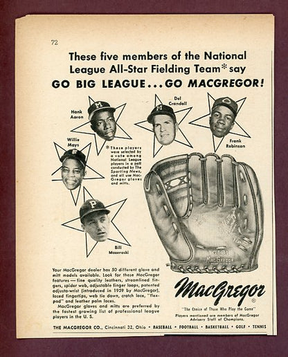 1959 MacGregor Glove Ad Aaron Mays Robinson Mazeroski 526321