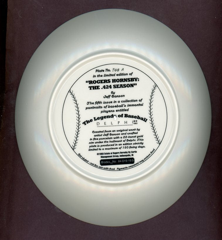 1993 Bradford Exchange Rogers Hornsby .424 Season Plate 526626