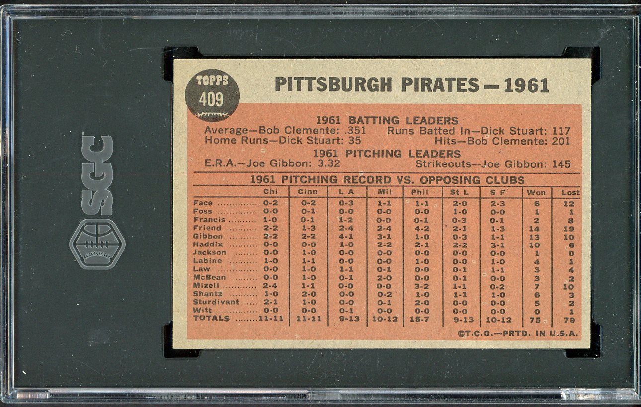 1962 Topps Baseball #409 Pittsburgh Pirates Team SGC 7 NM 526640