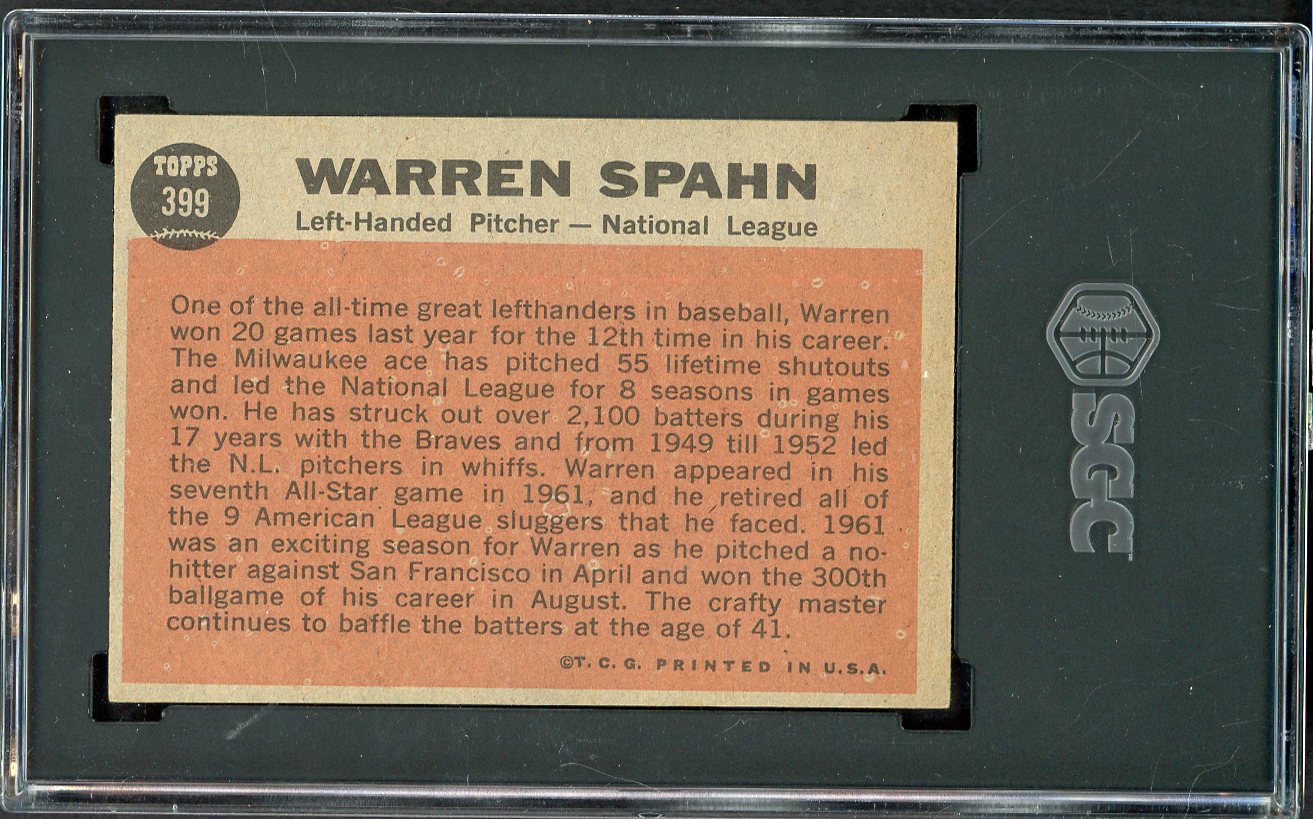 1962 Topps Baseball #399 Warren Spahn A.S. Braves SGC 7 NM 526654