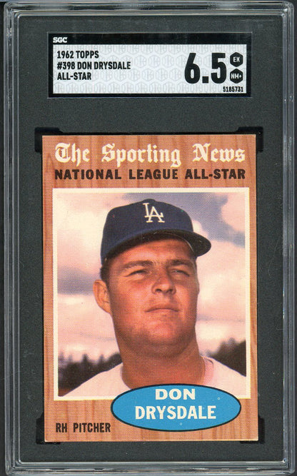 1962 Topps Baseball #398 Don Drysdale A.S. Dodgers SGC 6.5 EX-MT+ 526662