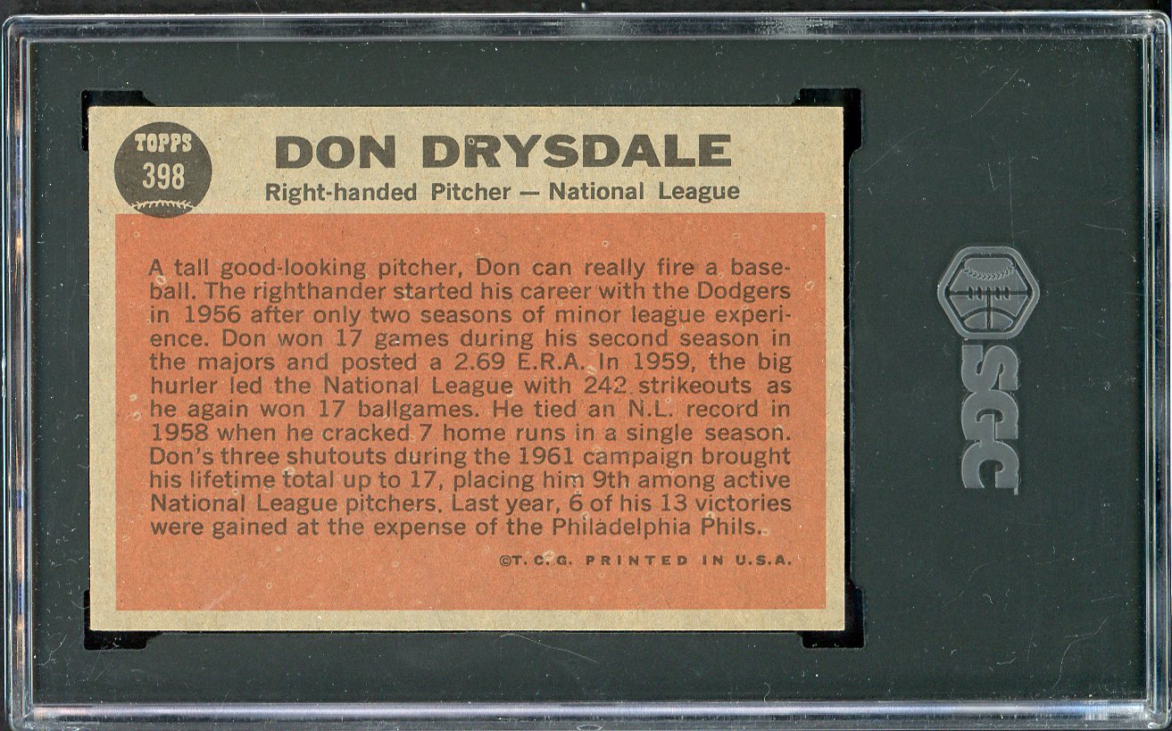 1962 Topps Baseball #398 Don Drysdale A.S. Dodgers SGC 6.5 EX-MT+ 526662