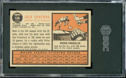 1962 Topps Baseball #538 Jack Sanford Giants SGC 7 NM 526665