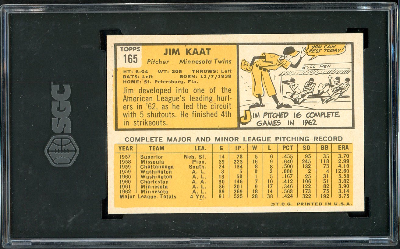 1963 Topps Baseball #165 Jim Kaat Twins SGC 7.5 NM+ 526666