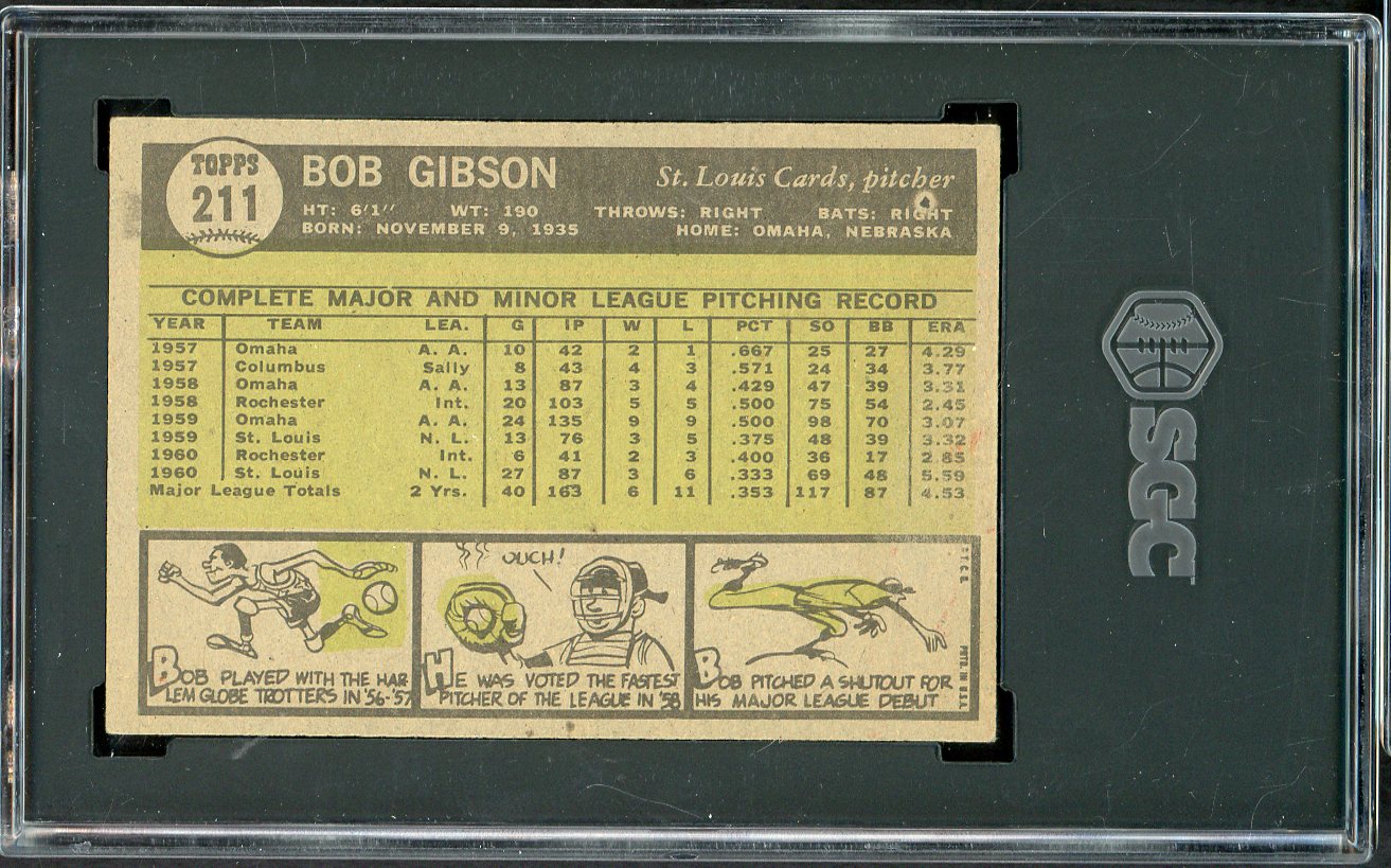 1961 Topps Baseball #211 Bob Gibson Cardinals SGC 6 EX-MT 526690