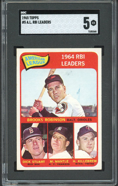 1965 Topps Baseball #005 A.L. RBI Leaders Mickey Mantle SGC 5 EX 526704