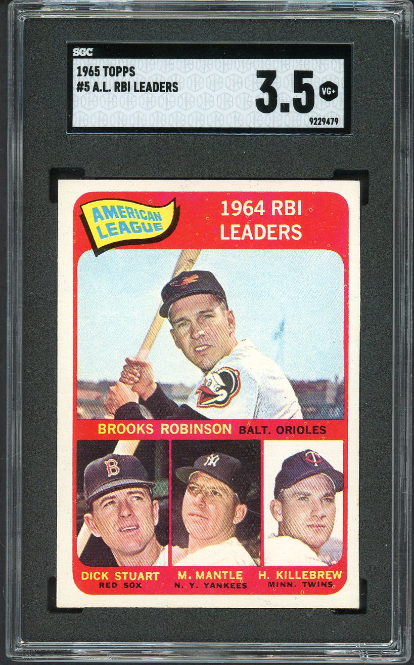 1965 Topps Baseball #005 A.L. RBI Leaders Mickey Mantle SGC 3.5 VG+ 526705