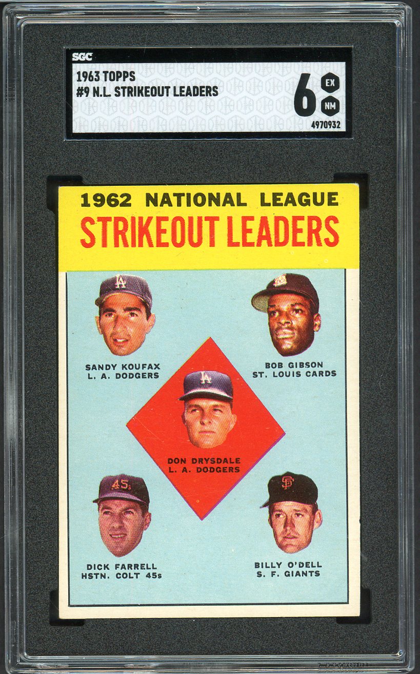 1963 Topps Baseball #009 N.L. Strike Out Leaders Sandy Koufax SGC 6 EX-MT 526706