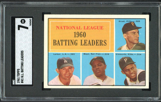1961 Topps Baseball #041 N.L. Batting Leaders Clemente Mays SGC 7 NM 526708