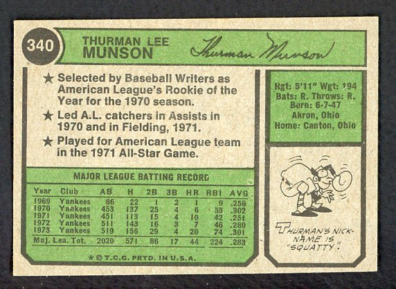 1974 Topps Baseball #340 Thurman Munson Yankees EX-MT 527169