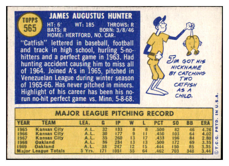 1970 Topps Baseball #565 Catfish Hunter A's EX+/EX-MT 527200