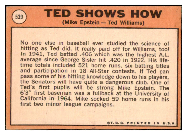 1969 Topps Baseball #539 Ted Williams Mike Epstein EX-MT 527233